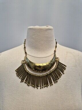 LEATHEROCK Vintage Hammered Brass Bib Choker‎ Necklace Boho Brutalist Sunburst